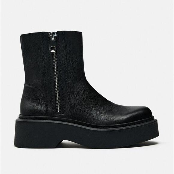 ZARA LOW HEELED LEATHER ANKLE BOOTS WITH ZIPPER - Picture 2 of 7